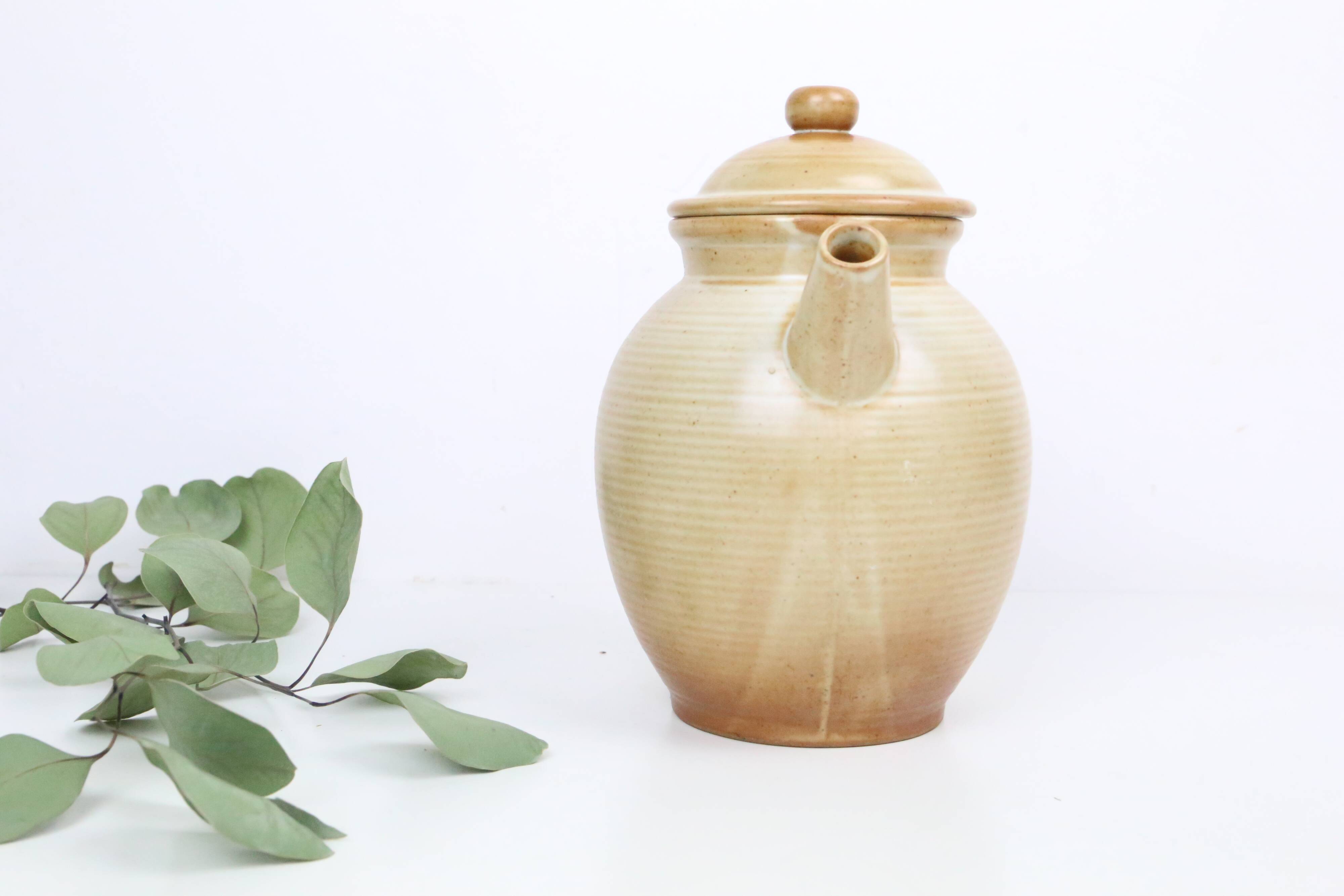 Vintage beige stoneware teapot, signed Grès Village