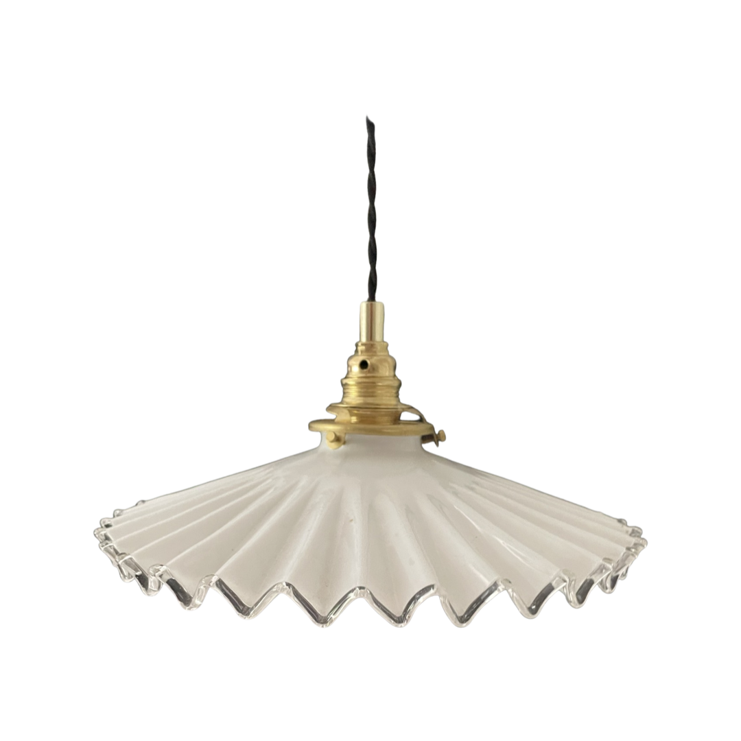 Vintage suspension lamp in serrated white opaline