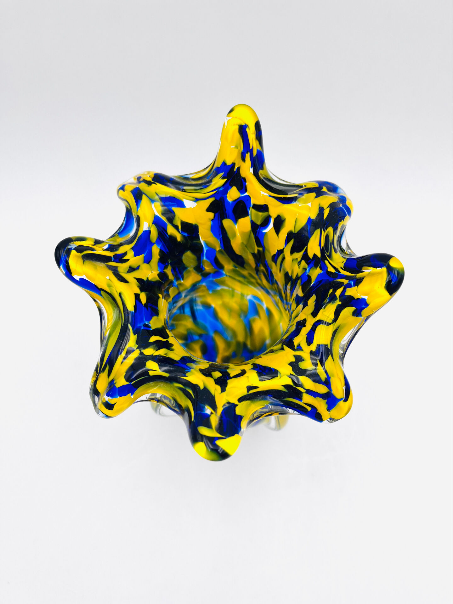 Vase Josef Hospodka Chřibská Macchia Blue Yellow Bohemian Glass 60s