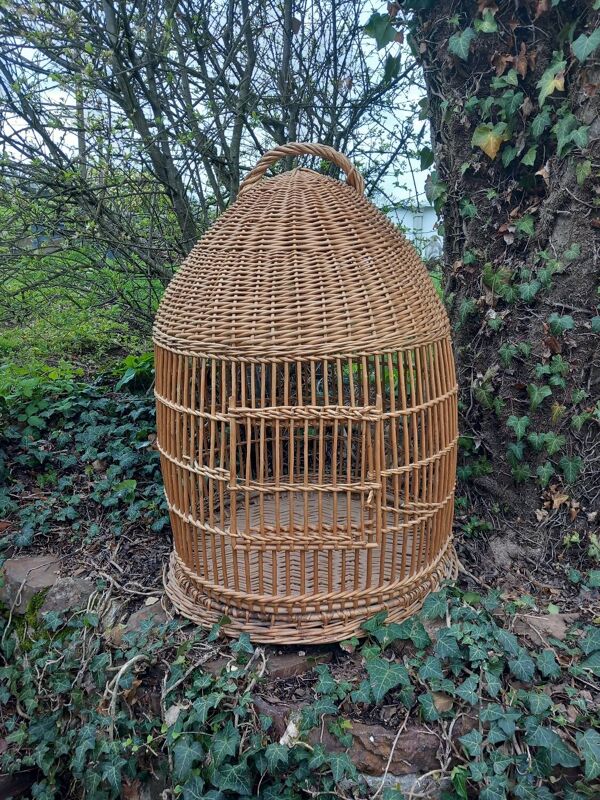 Cage à perroquet ancienne en rotin 85 cm de haut