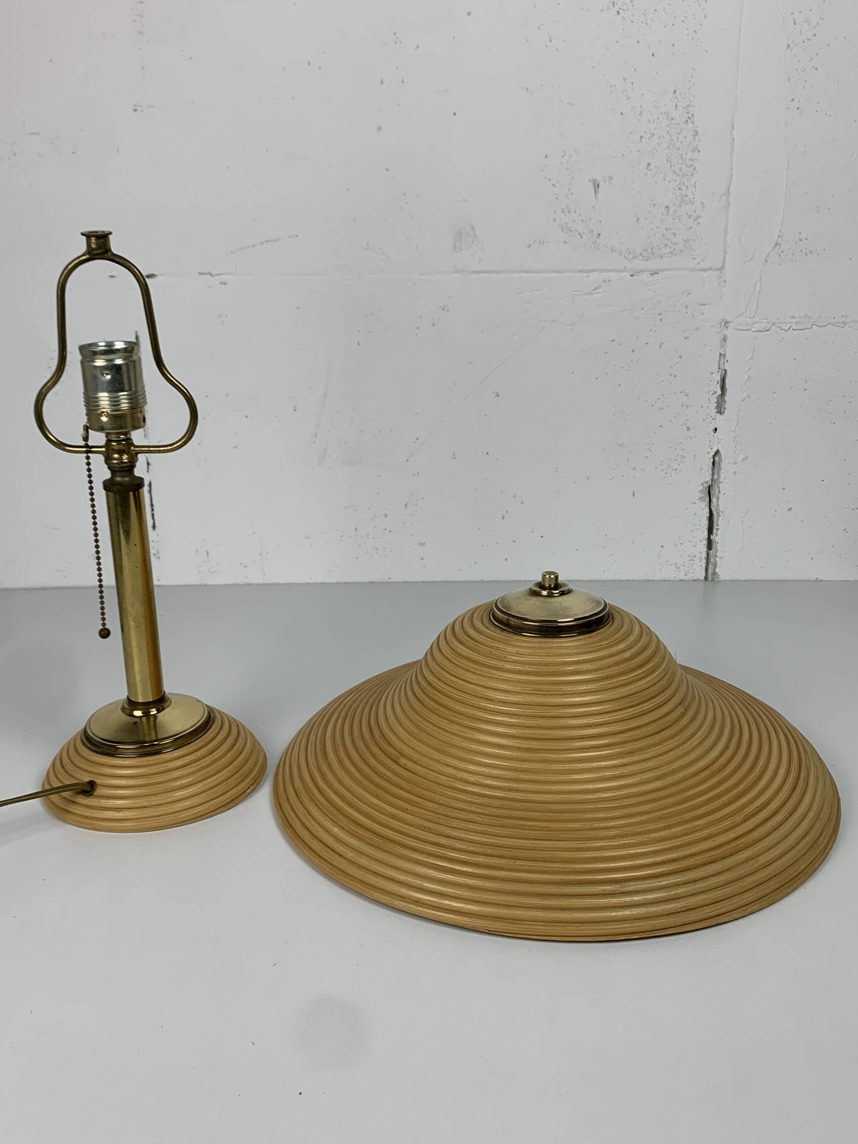 Pencil reed rattan bamboo and brass table lamp, Italy, 1970s