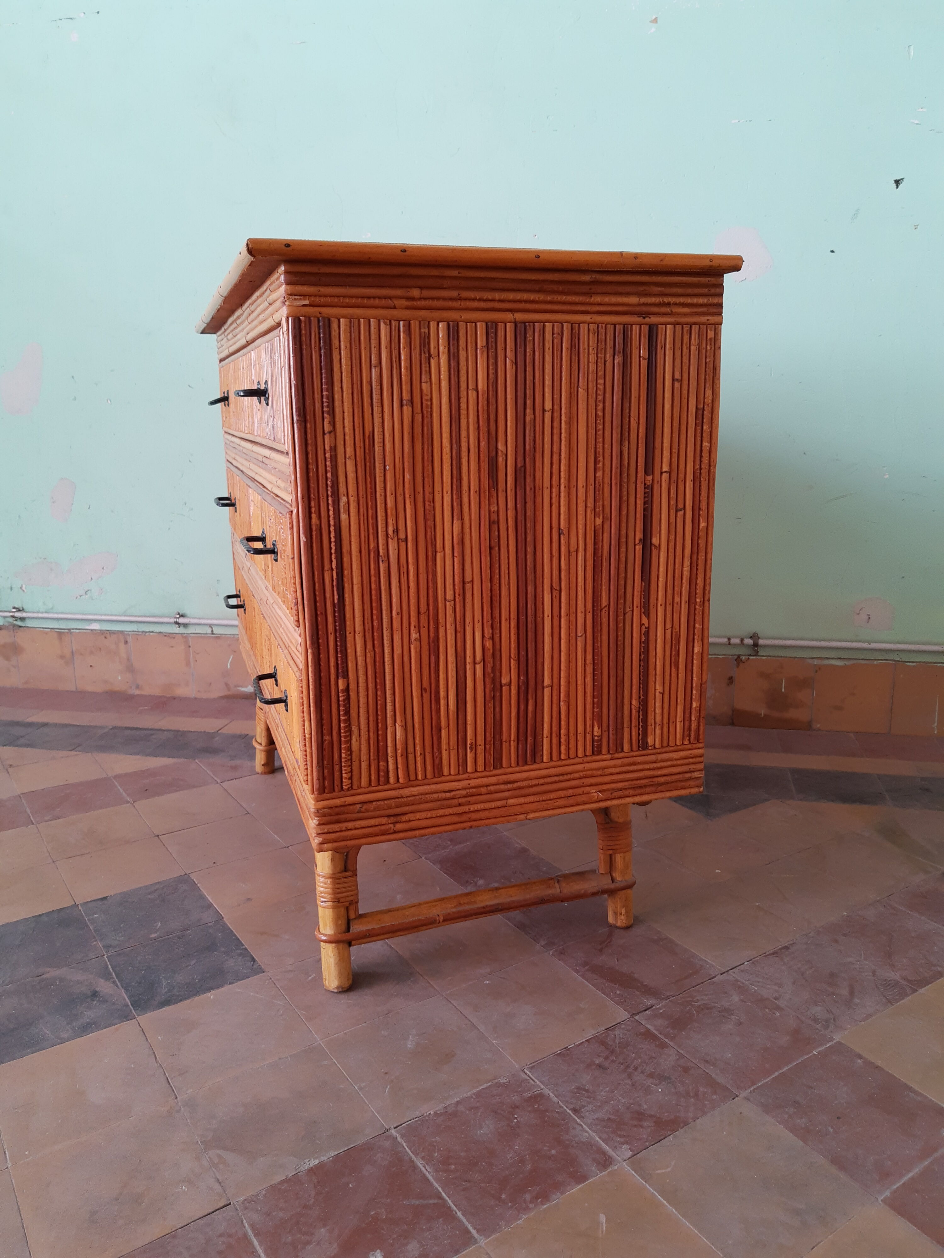 Vintage rattan and bamboo chest of drawers 50s