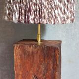 Brutalist lamp Art-populaire in solid wood, wool lampshade