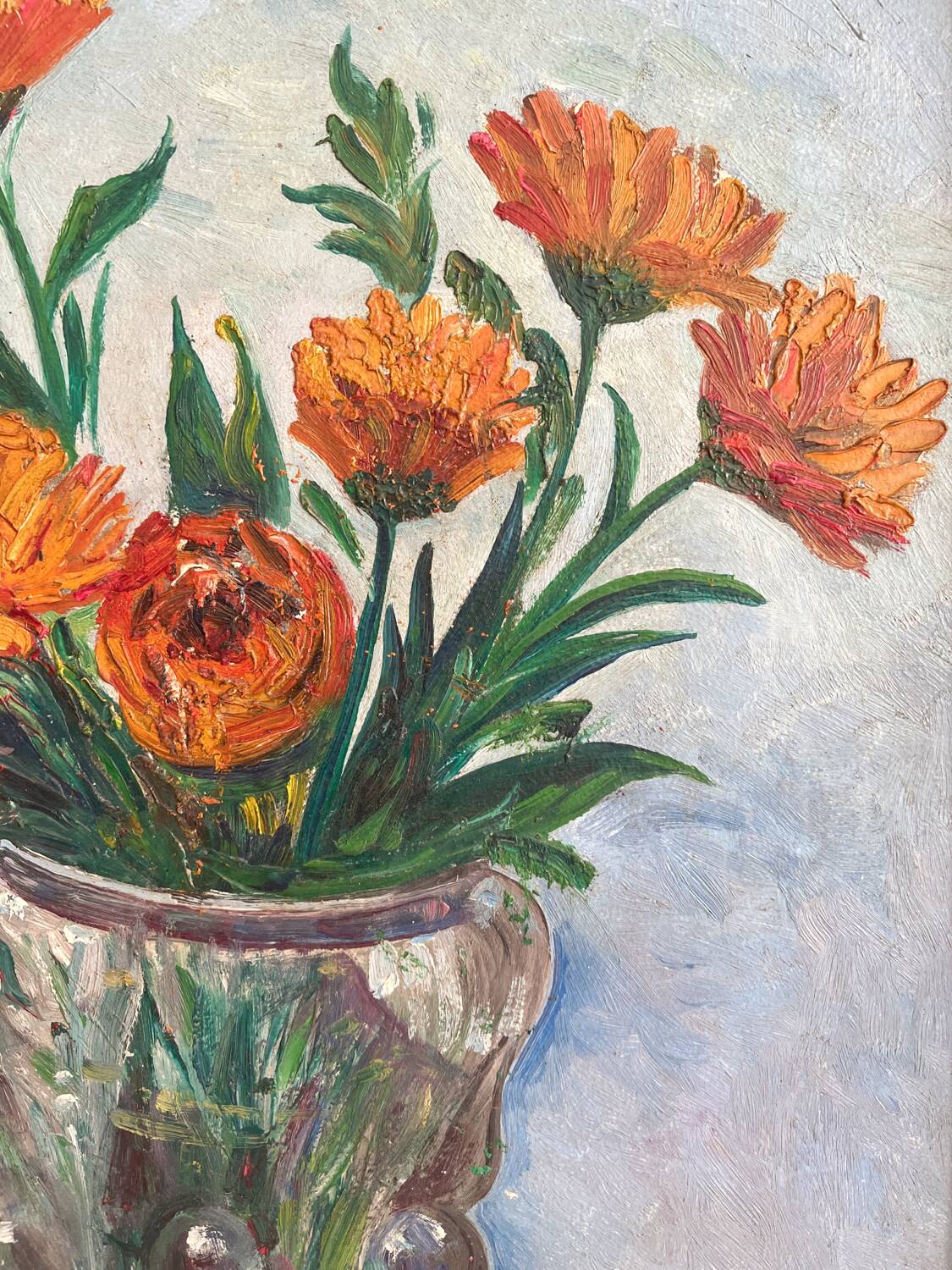 Old oil painting on panel bouquet of flowers