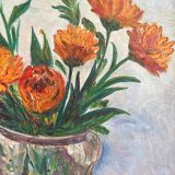 Tableau peinture ancienne huile sur panneau bouquet de fleurs