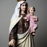 Statuette stuc ND du Mont Carmel, ateliers Olot, yeux en verre, 1920-1930