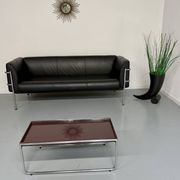 Three-seater tubular chrome and black leather sofa by Kébé, Denmark 80
