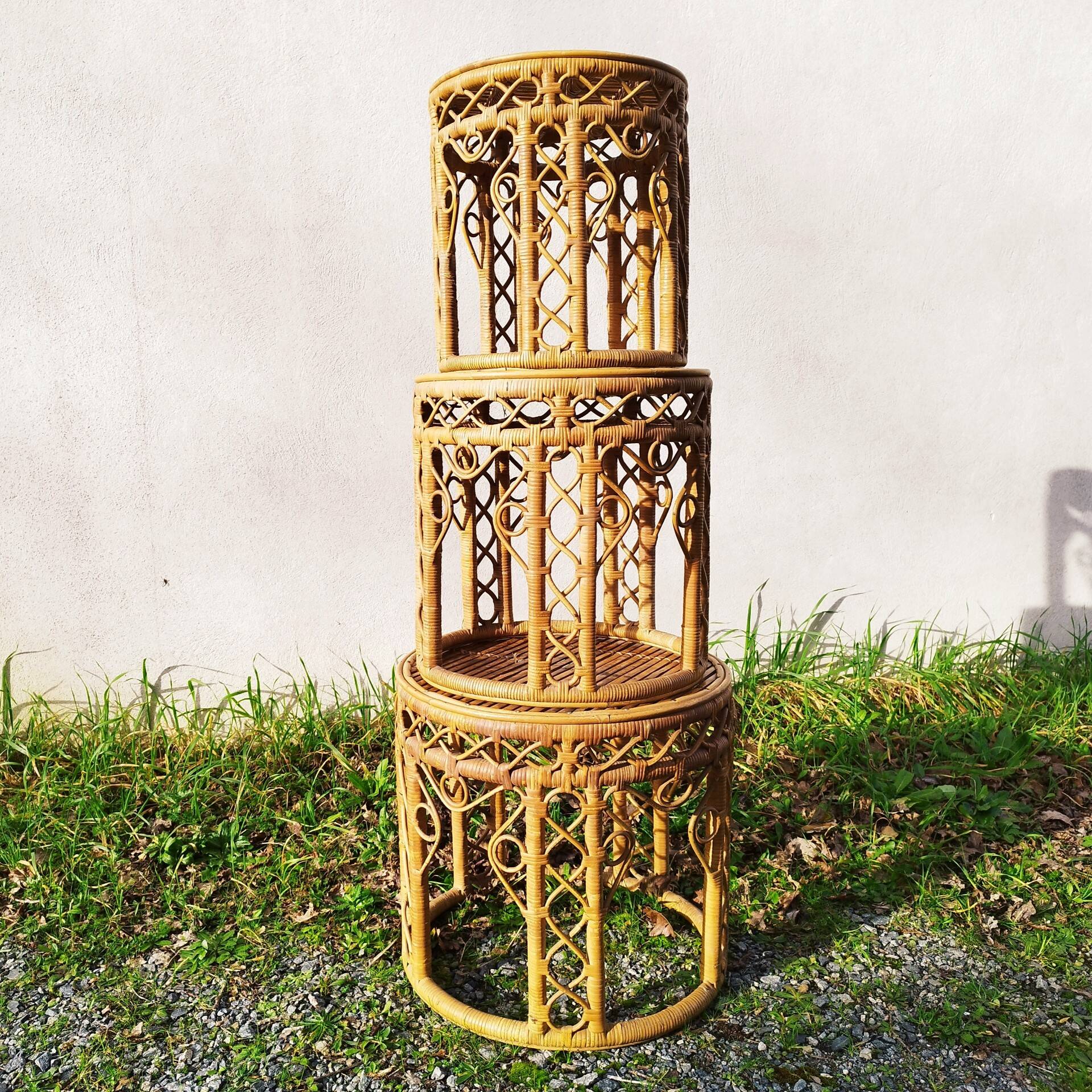 Vintage peacock rattan wicker nesting side tables