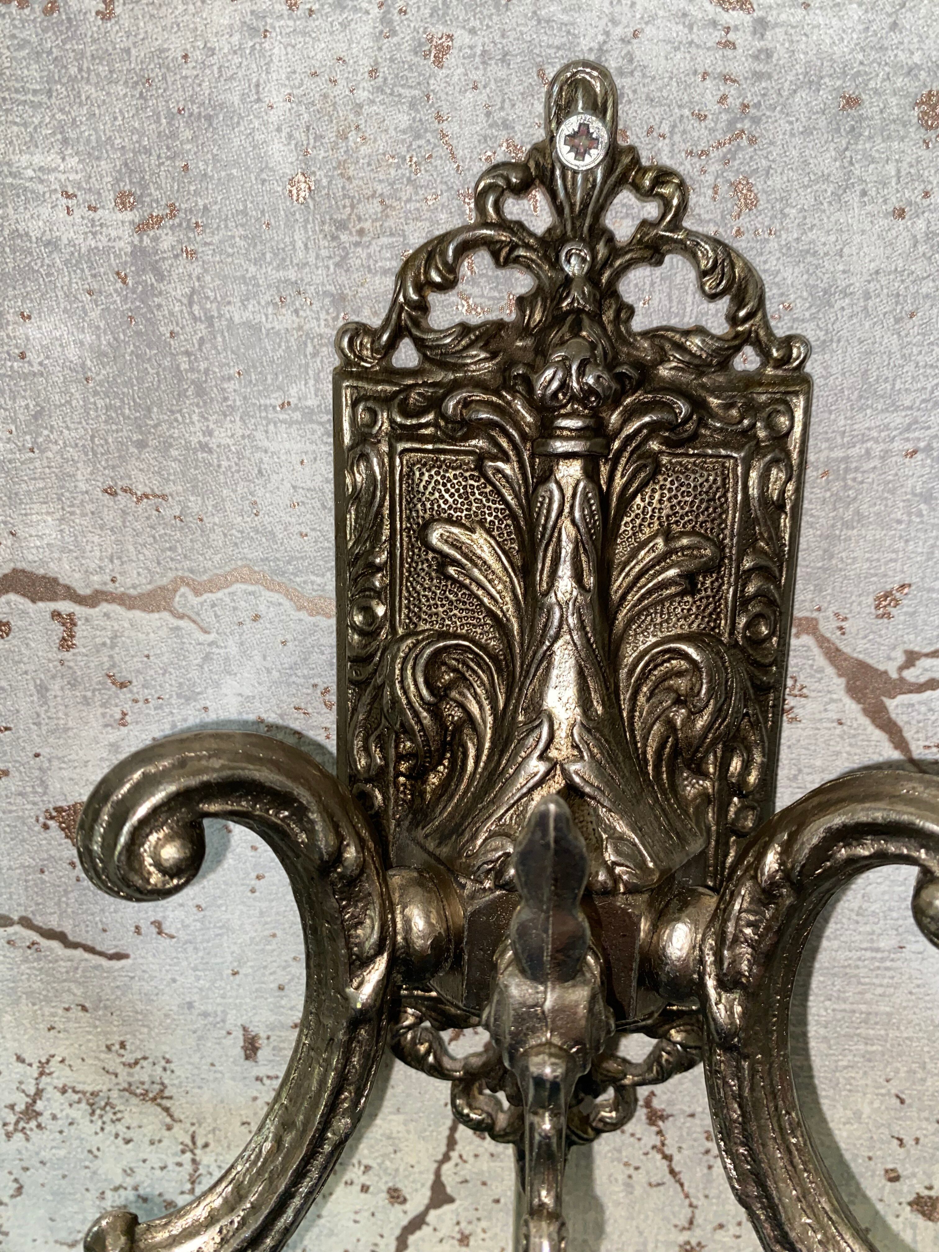 Set of lantern chandelier and double wall light — baroque style, silver metal