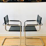 Pair of tubular armchairs in metal and leather Style Marcel Breuer