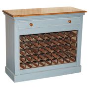 Vintage wooden furniture for 45 wine bottles with a drawer.