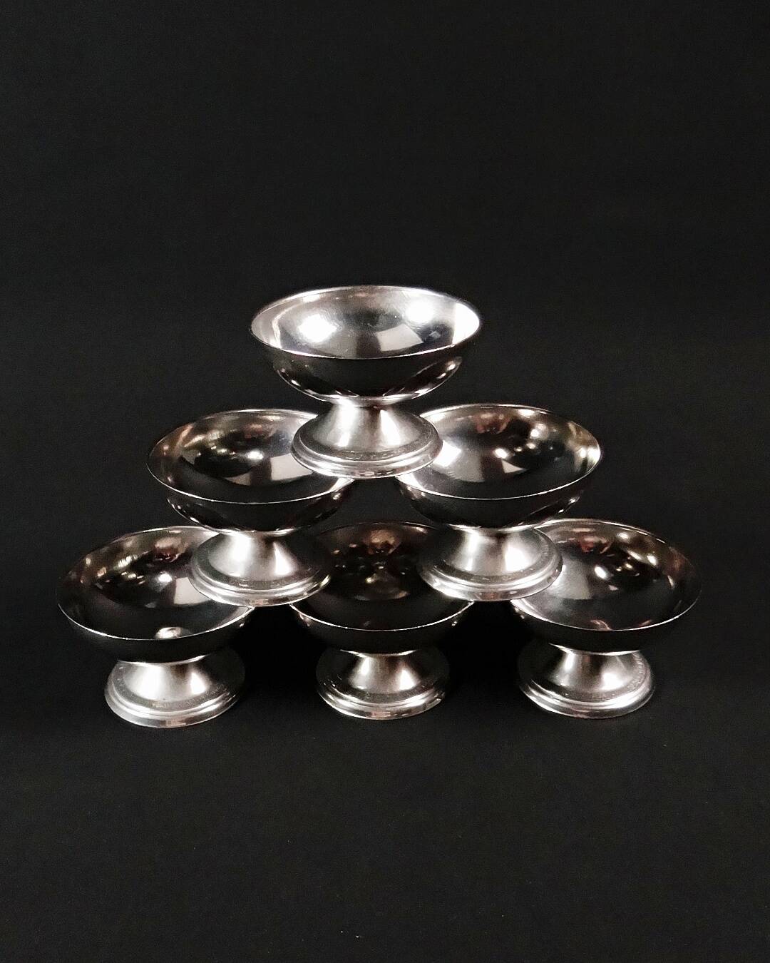 6 stainless steel ice cream cups on a stand, vintage dessert service