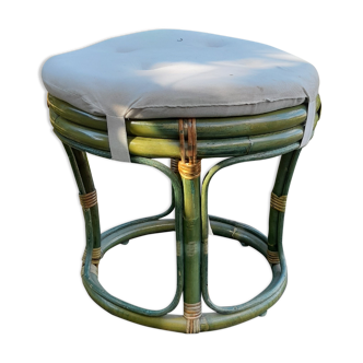 Vintage bamboo pouf tinted green, seat cushion ecru