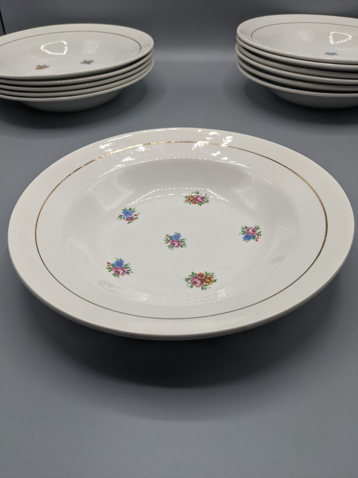 12 hollow porcelain plates, floral decoration and golden ledé - ∅: 23cm