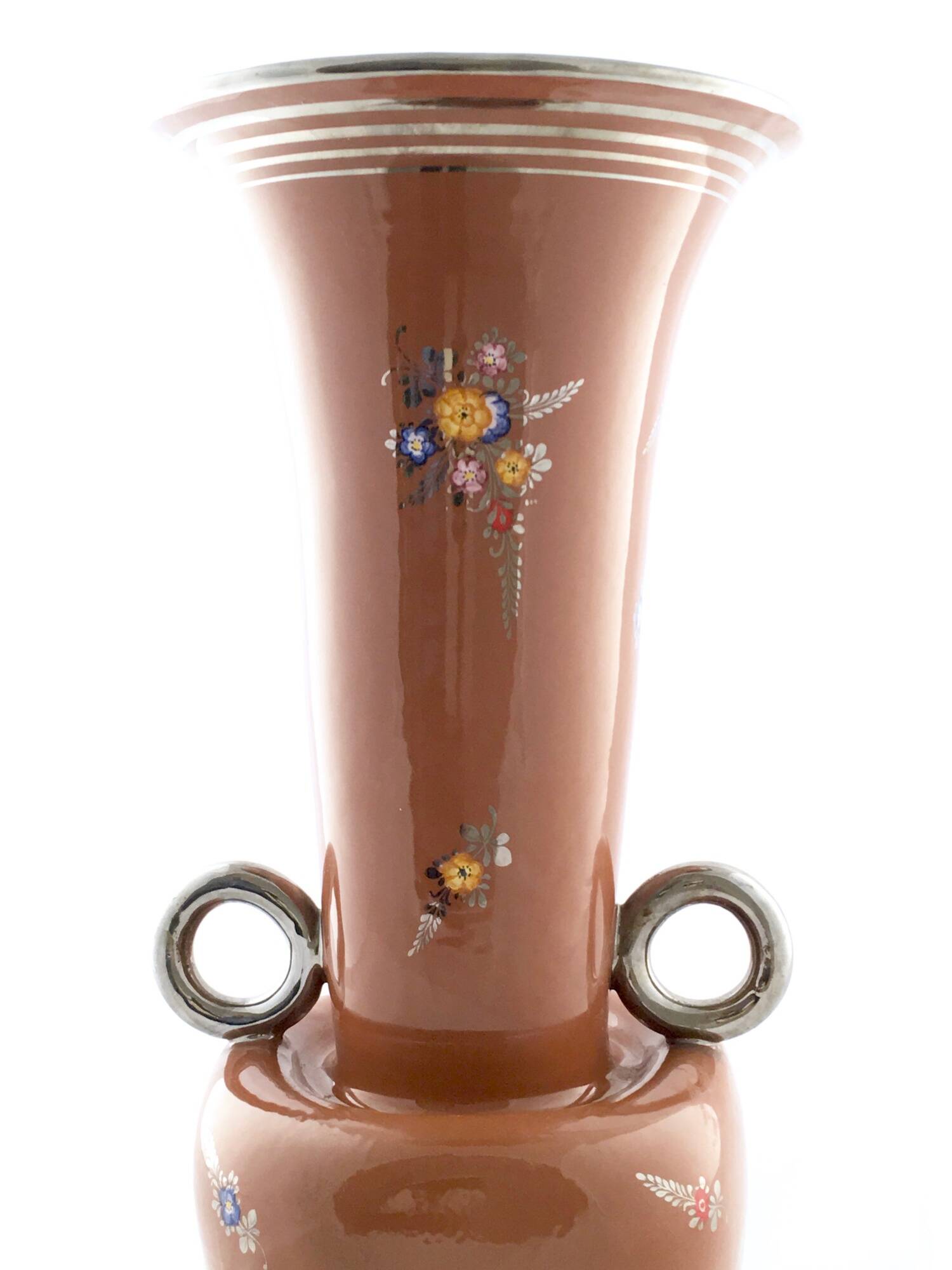 Brown Lacquered and Hand Painted Terracotta Deruta Amphora Vase, Italy