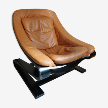 Chair Scandinavian tawny leather and curved wood