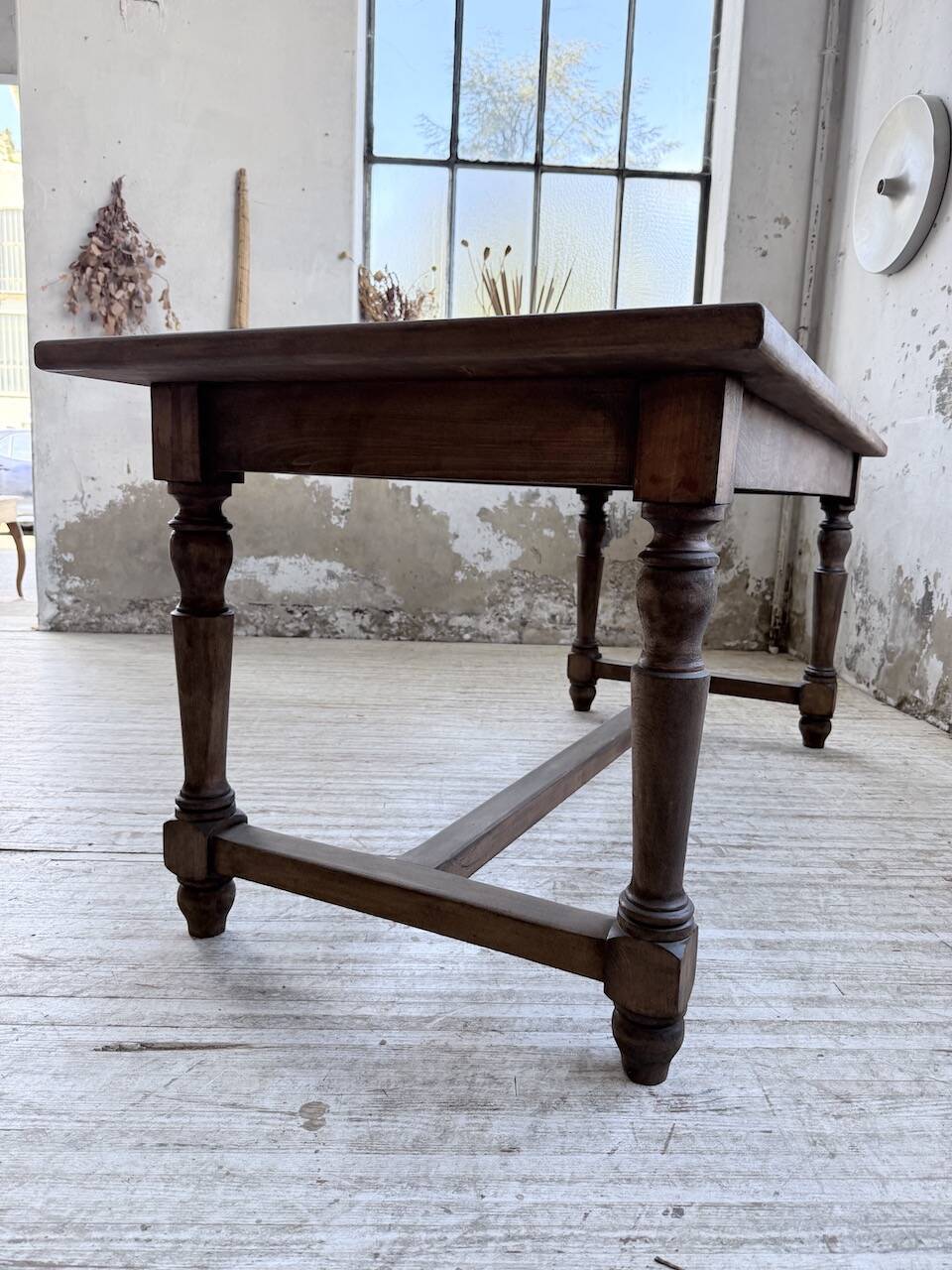 Farm table with turned legs, made of pine and birch, 180cm.