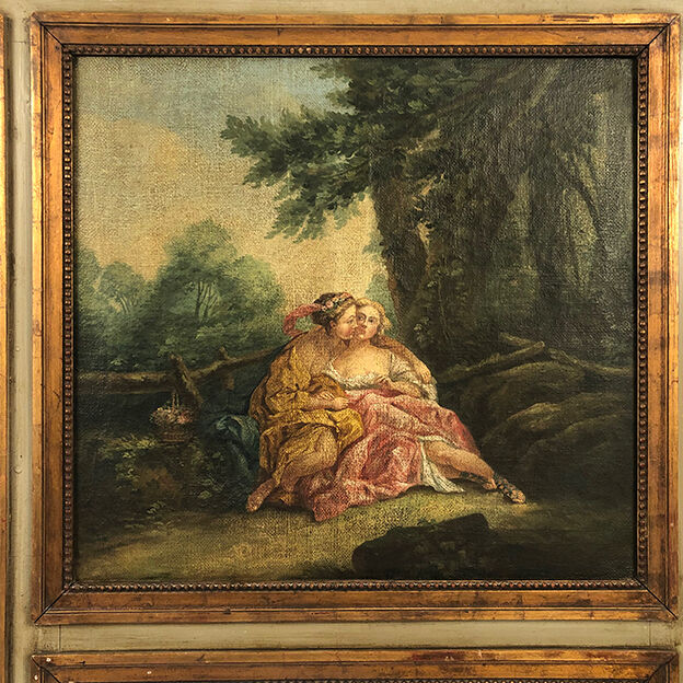 Trumeau in green lacquered wood, gold rechampi Louis XVI style, Nineteenth