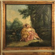 Trumeau in green lacquered wood, gold rechampi Louis XVI style, Nineteenth