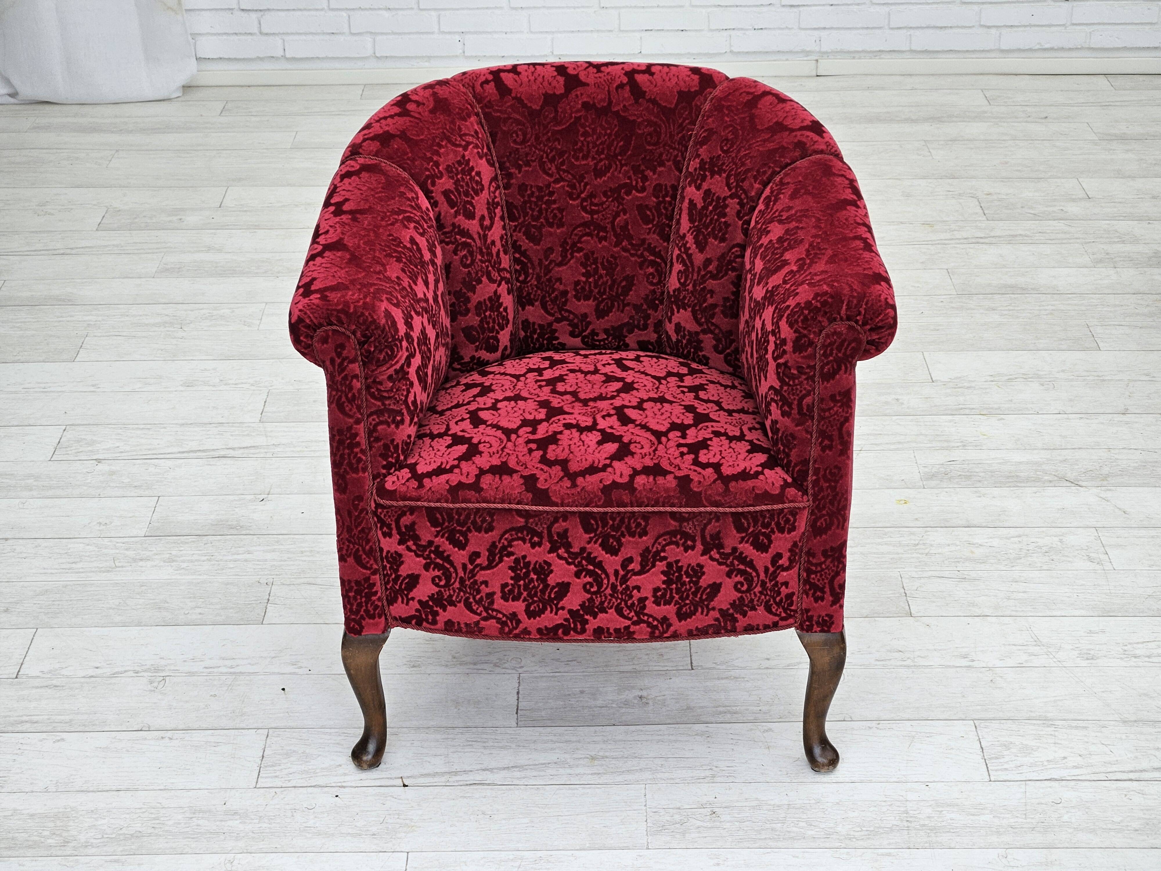 1950s, pair of Danish lounge chairs, red cotton/wool fabric.