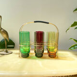6 verres colorés et panier en laiton vintage