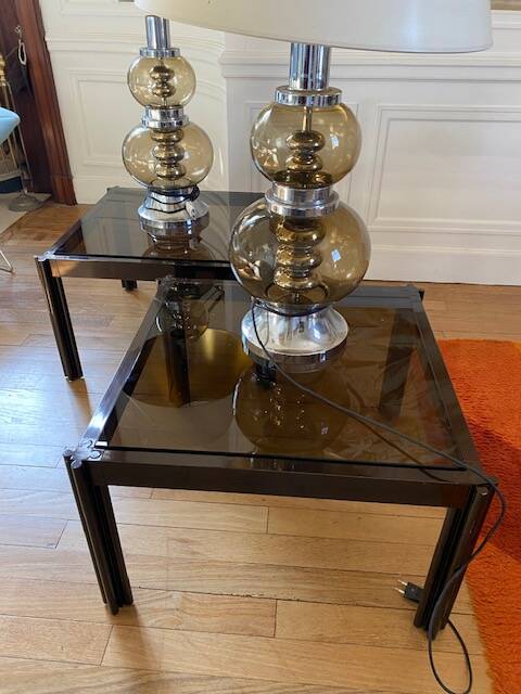 pair of smoked glass and chrome lamps
