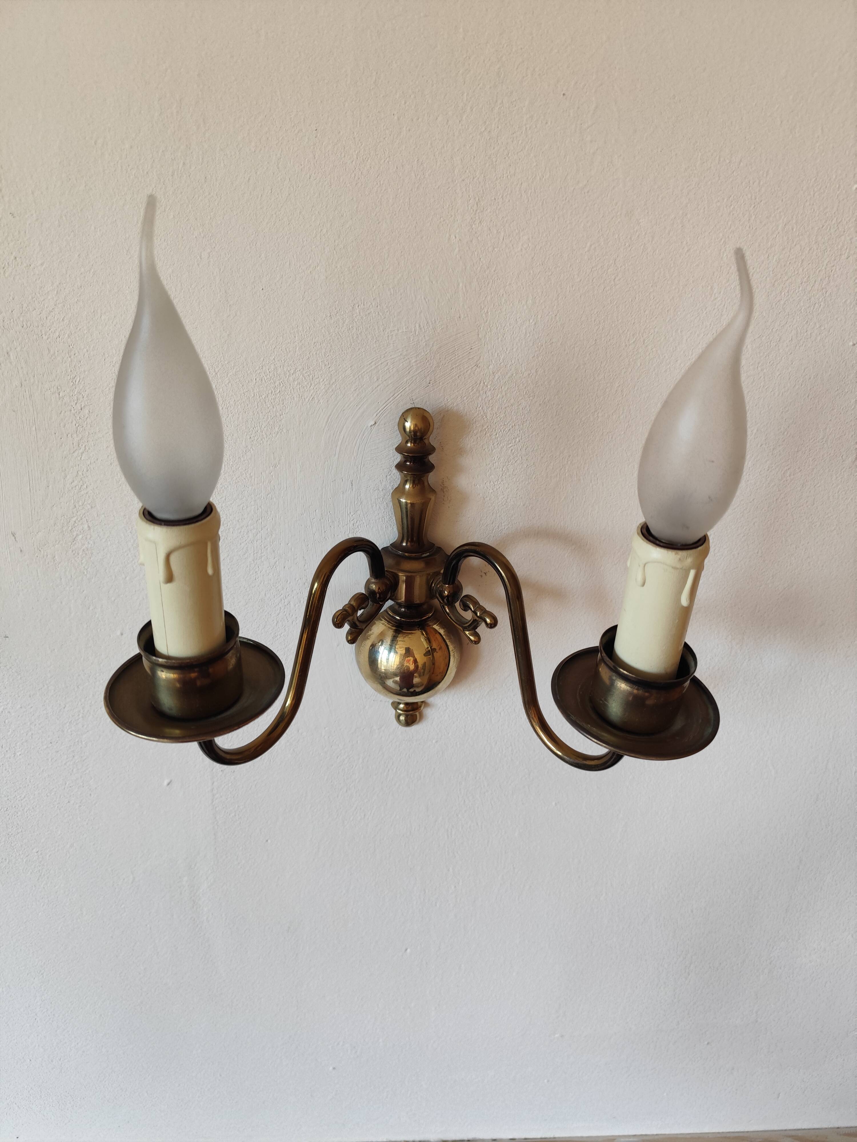 Pair of Dutch style 2-light brass wall lights