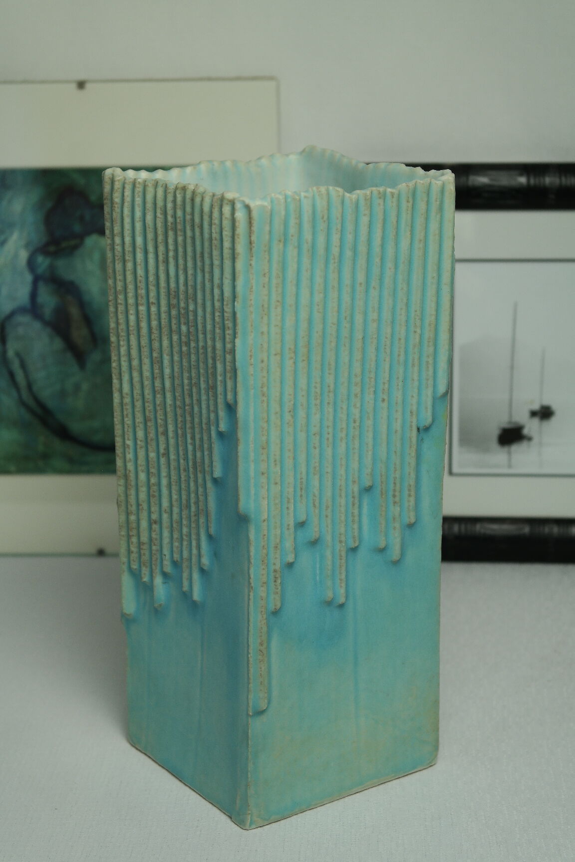 Blue stamped signed modernist ceramic vase from the 1980s.