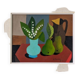 Mid-Century Modern "Pears & Lily of the Valley" Swedish Vintage Expressionist Still Life Tempera Pai