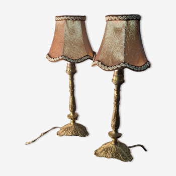 Pair of bronze bedside lamps with silk lampshades