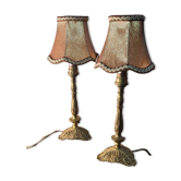 Pair of bronze bedside lamps with silk lampshades