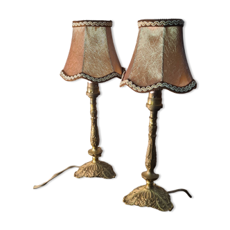 Pair of bronze bedside lamps with silk lampshades