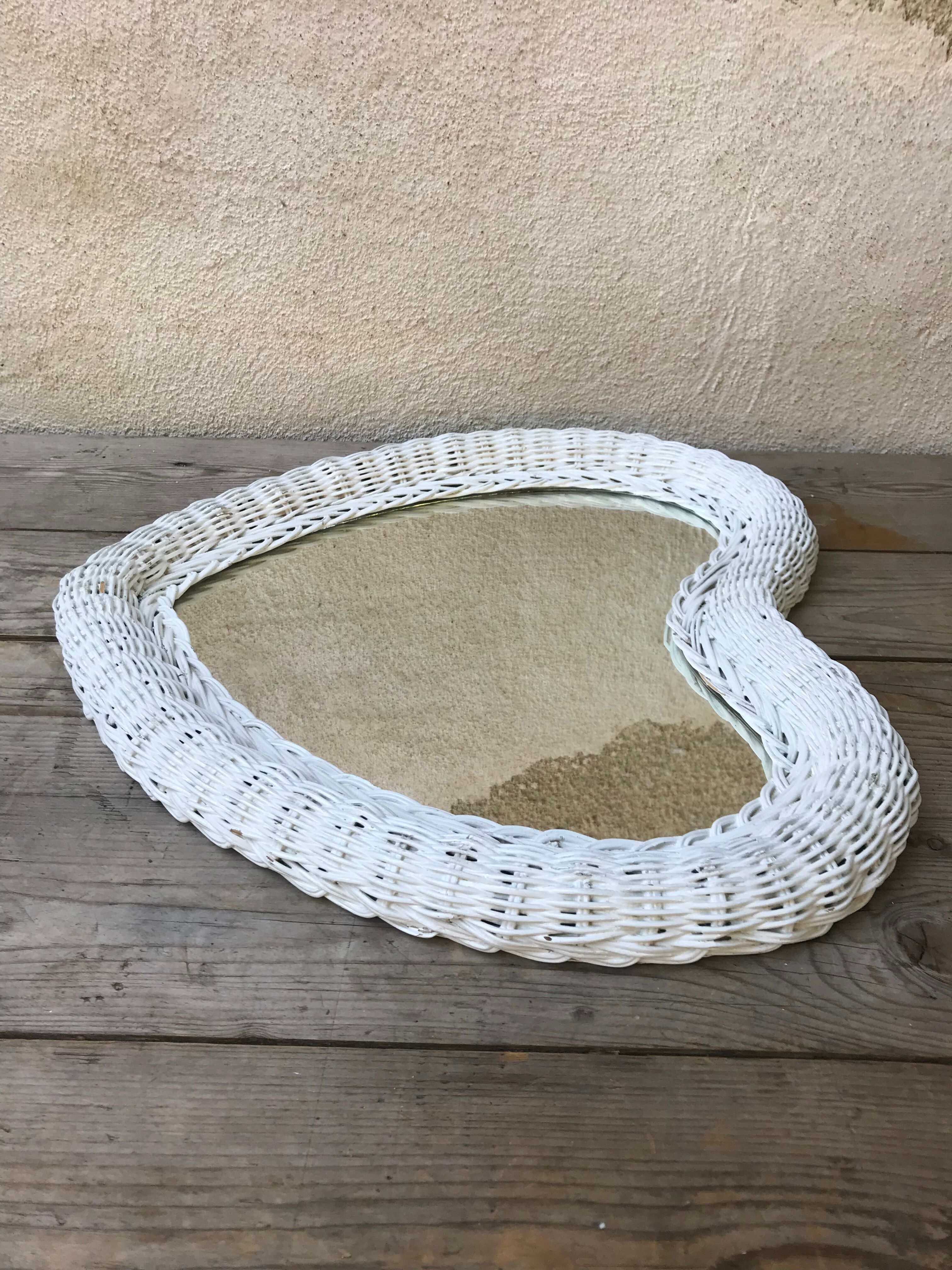 Vintage 60s white rattan mirror 46x46cm