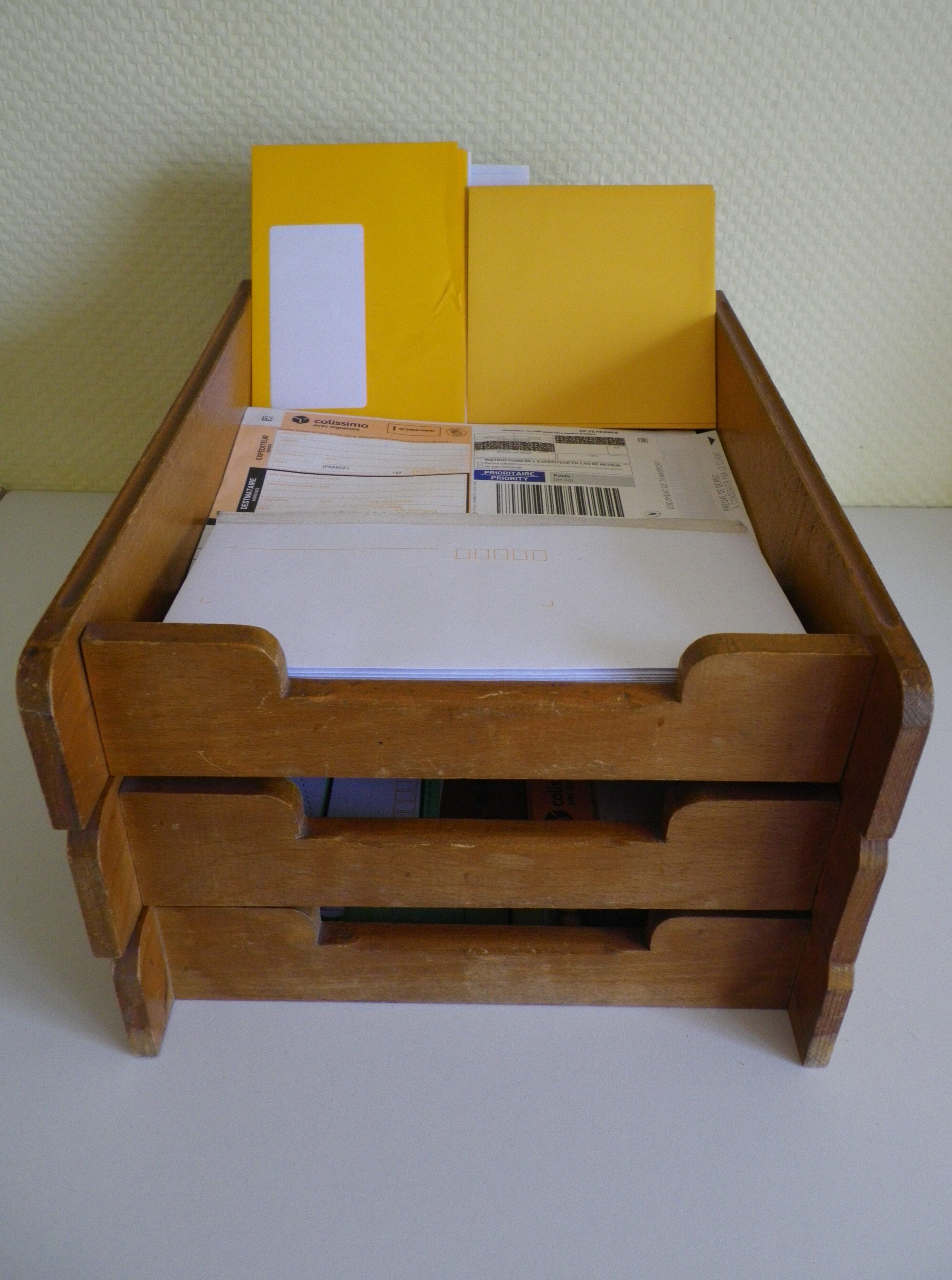 Old mail sorter, 3 sliding bannettes, entirely made of wood
