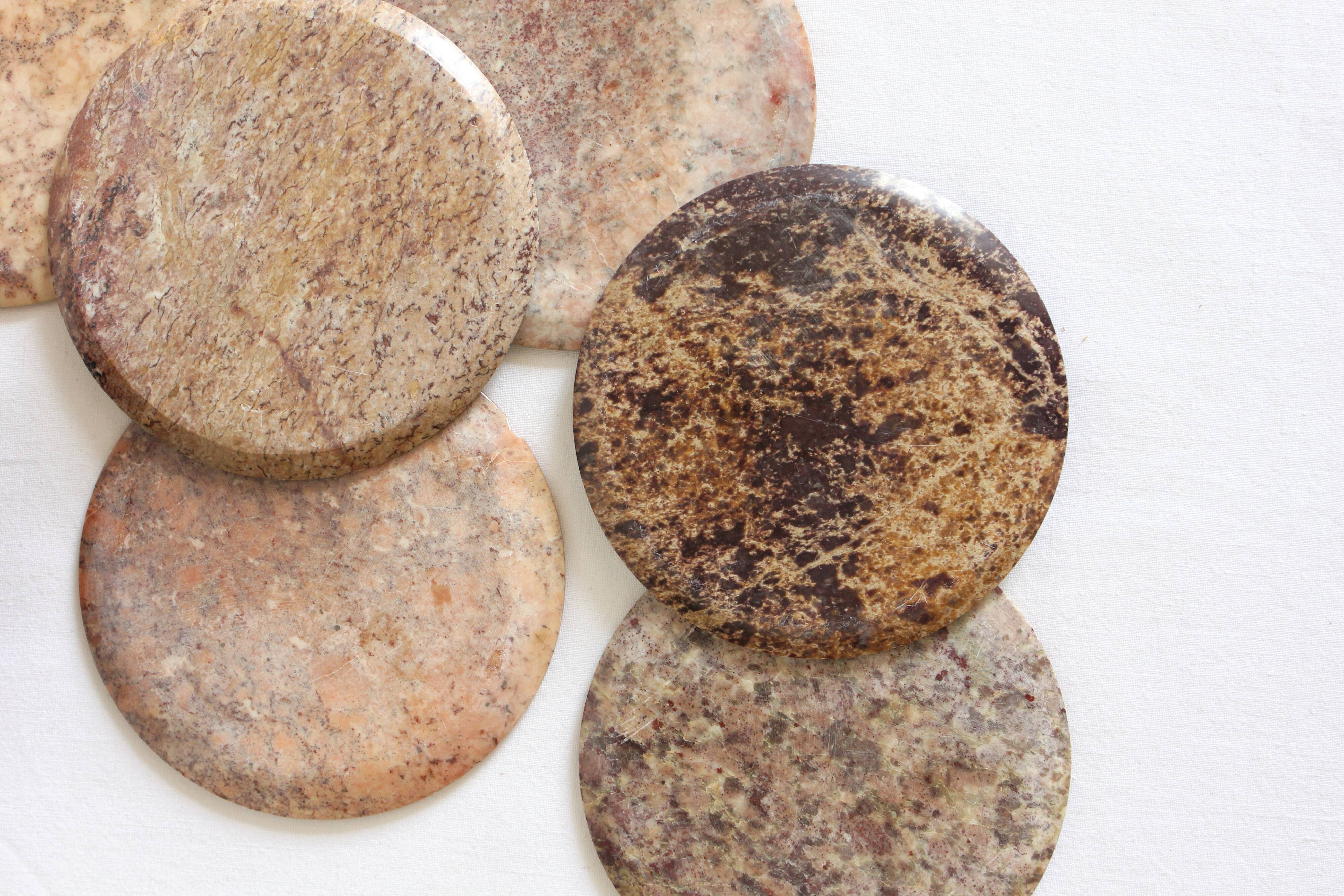 Set of 6 vintage stone/marble coasters and case