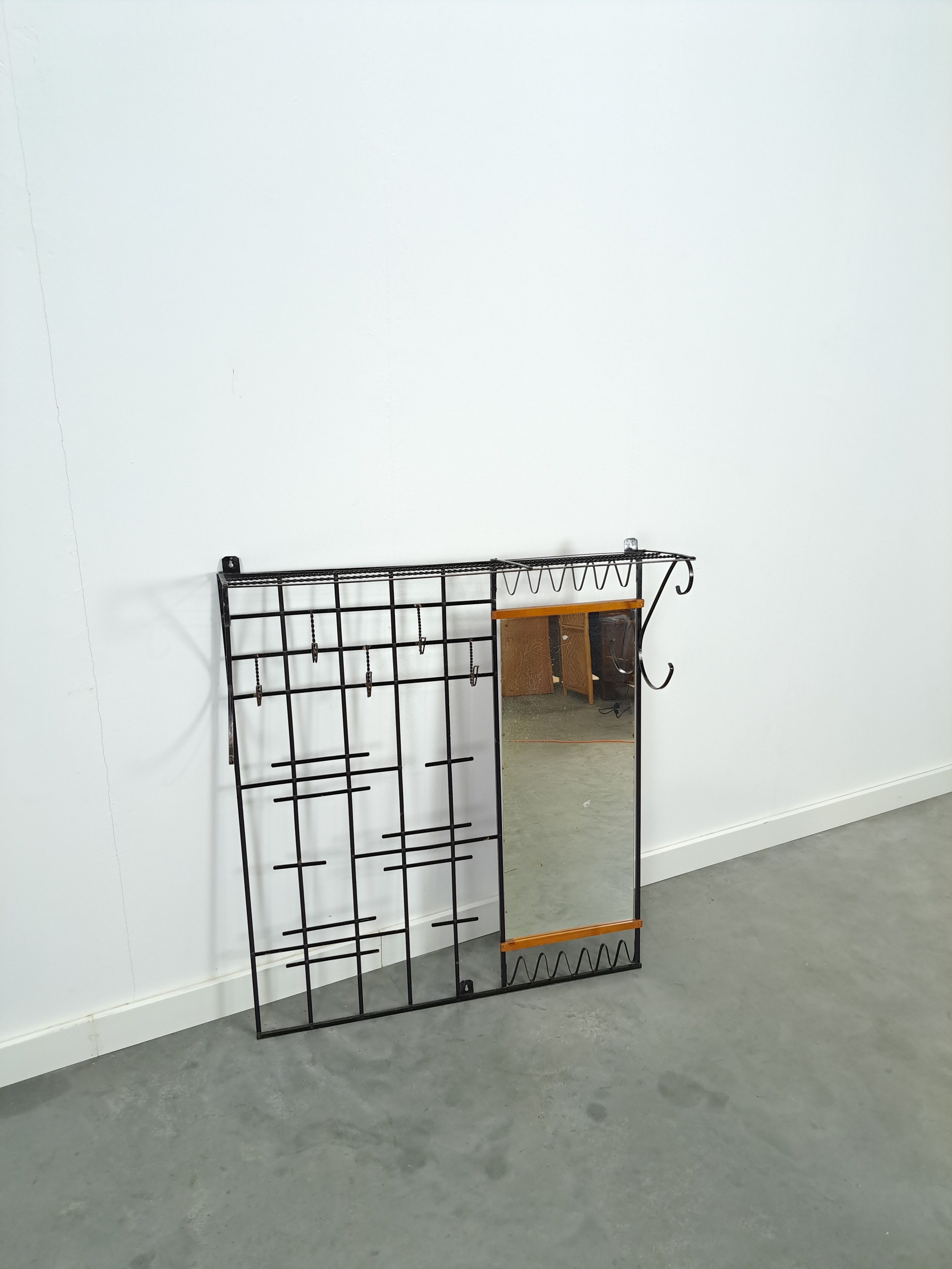 Wall coat rack vintage steel with mirror and shelf