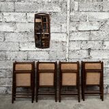 Serie de 8 chaises pliantes vintage en bois et cannage 1960