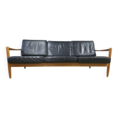Scandinavian 3-seater black leather sofa from the 1970s