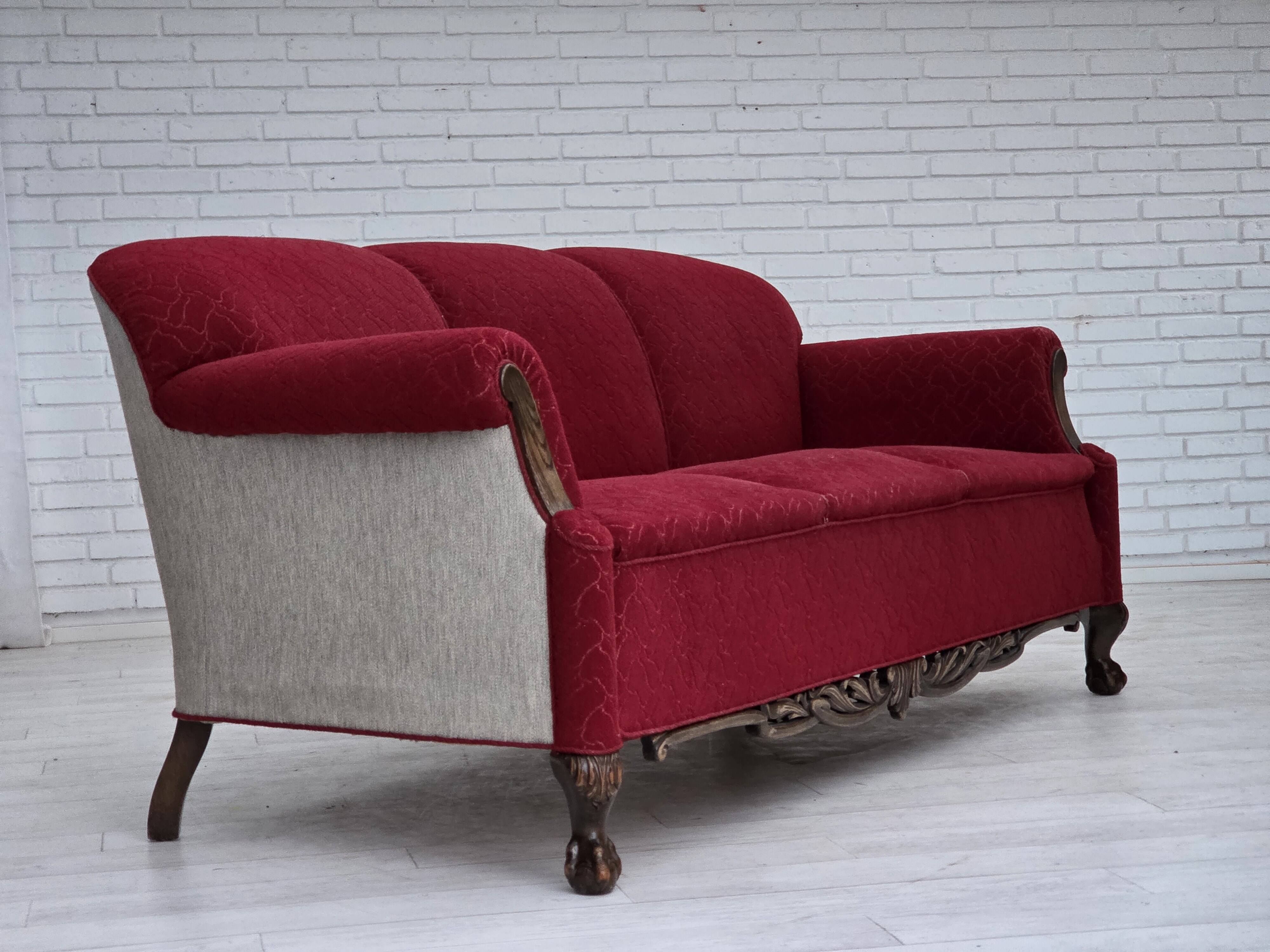 1950s, Danish 3-seater sofa, red and light grey furniture wool, oak wood.