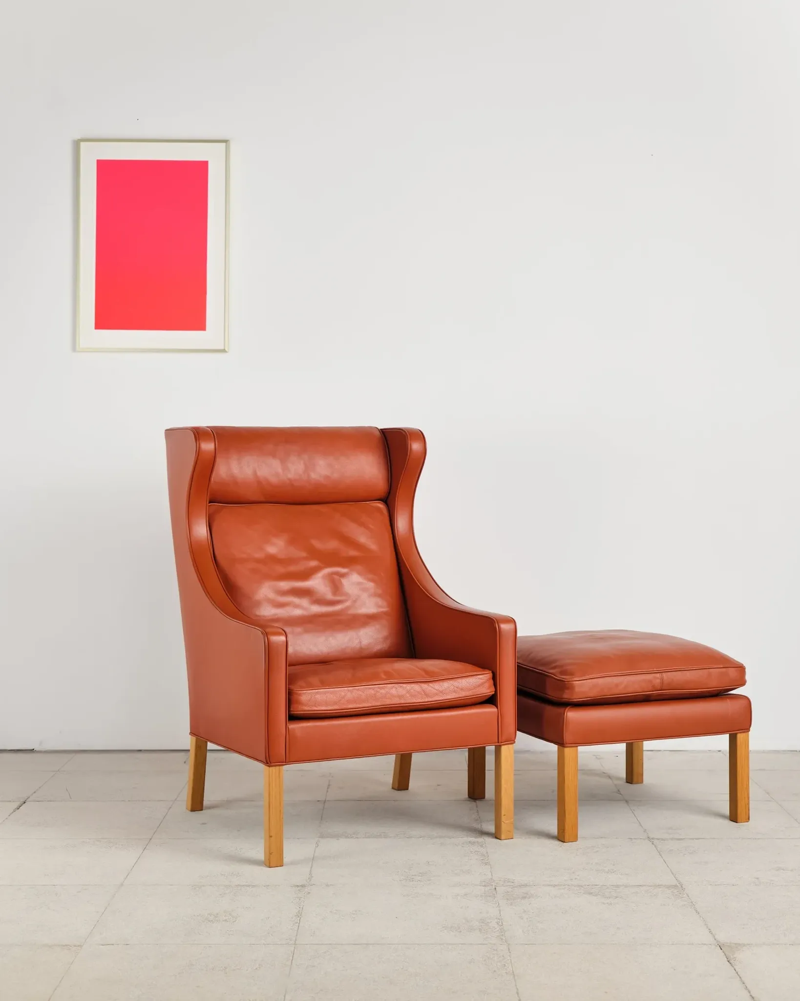 Armchair 2204 and leather pouf by Børge Mogensen, Denmark, 1960s.