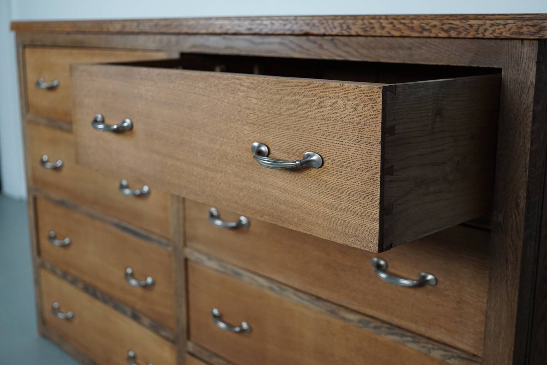 Antique French oak shop cabinet / kitchen island, 1930s