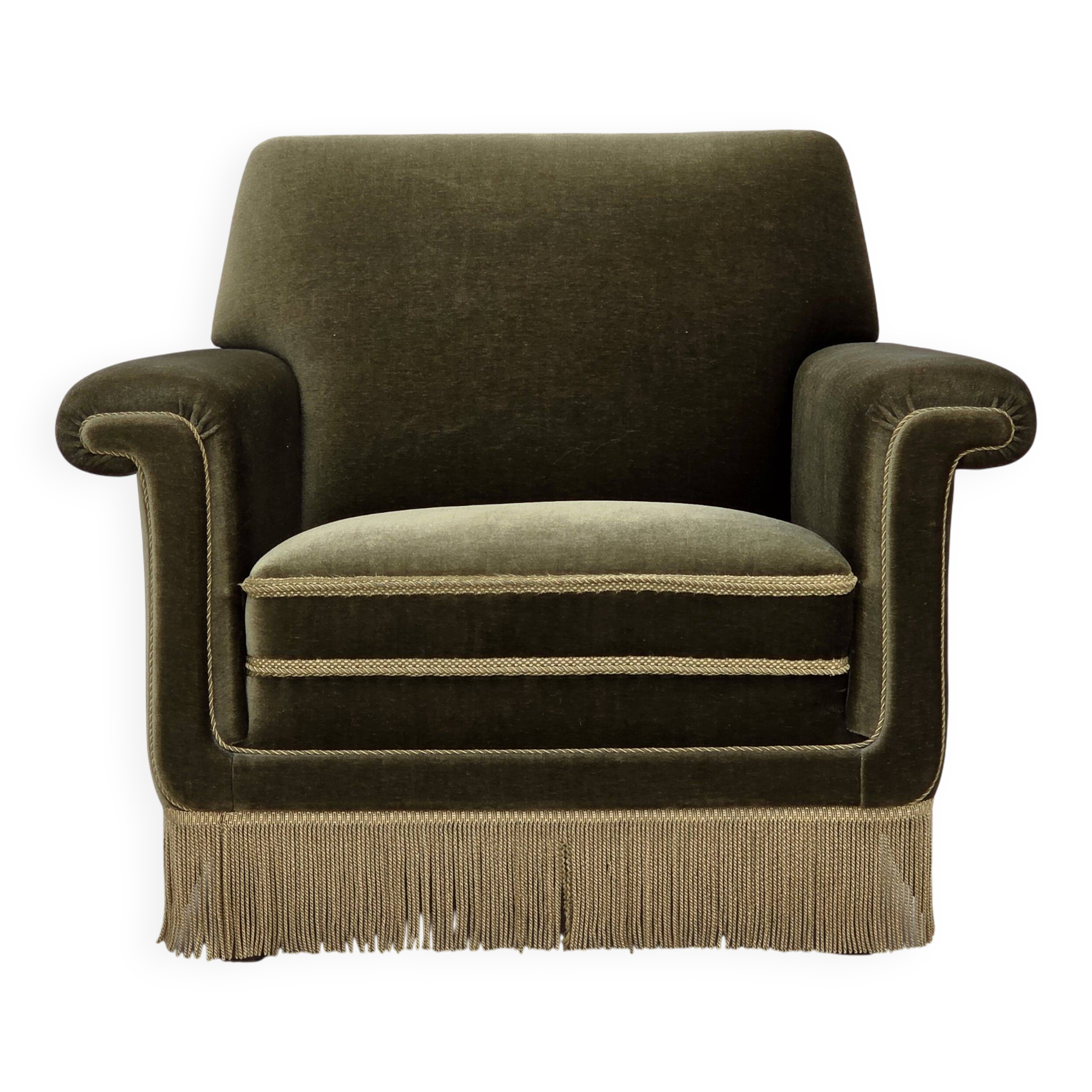 Fauteuil danois des années 1970, velours vert d'origine.