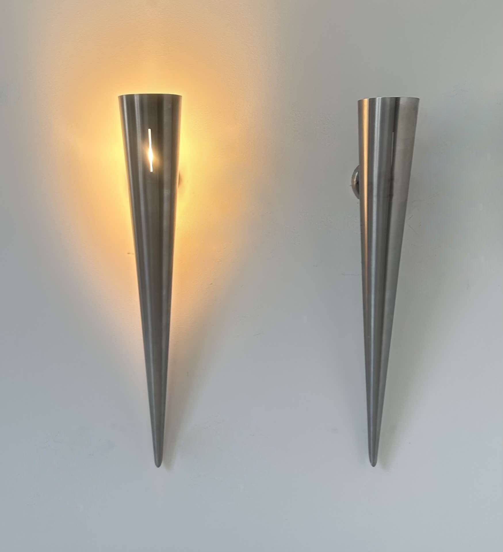 Pair of vintage XL wall lights, brushed curved metal, France 1980