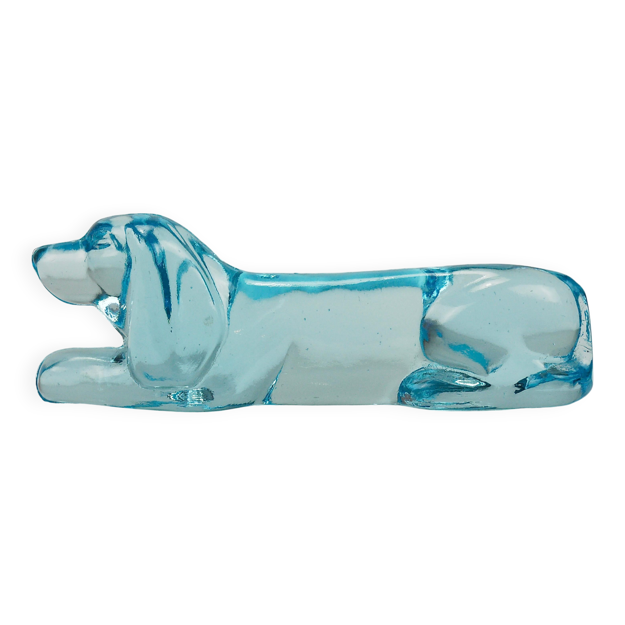 6 repose-couteaux Art déco français en verre bleu clair, années 1930 représentant un teckel ou basset