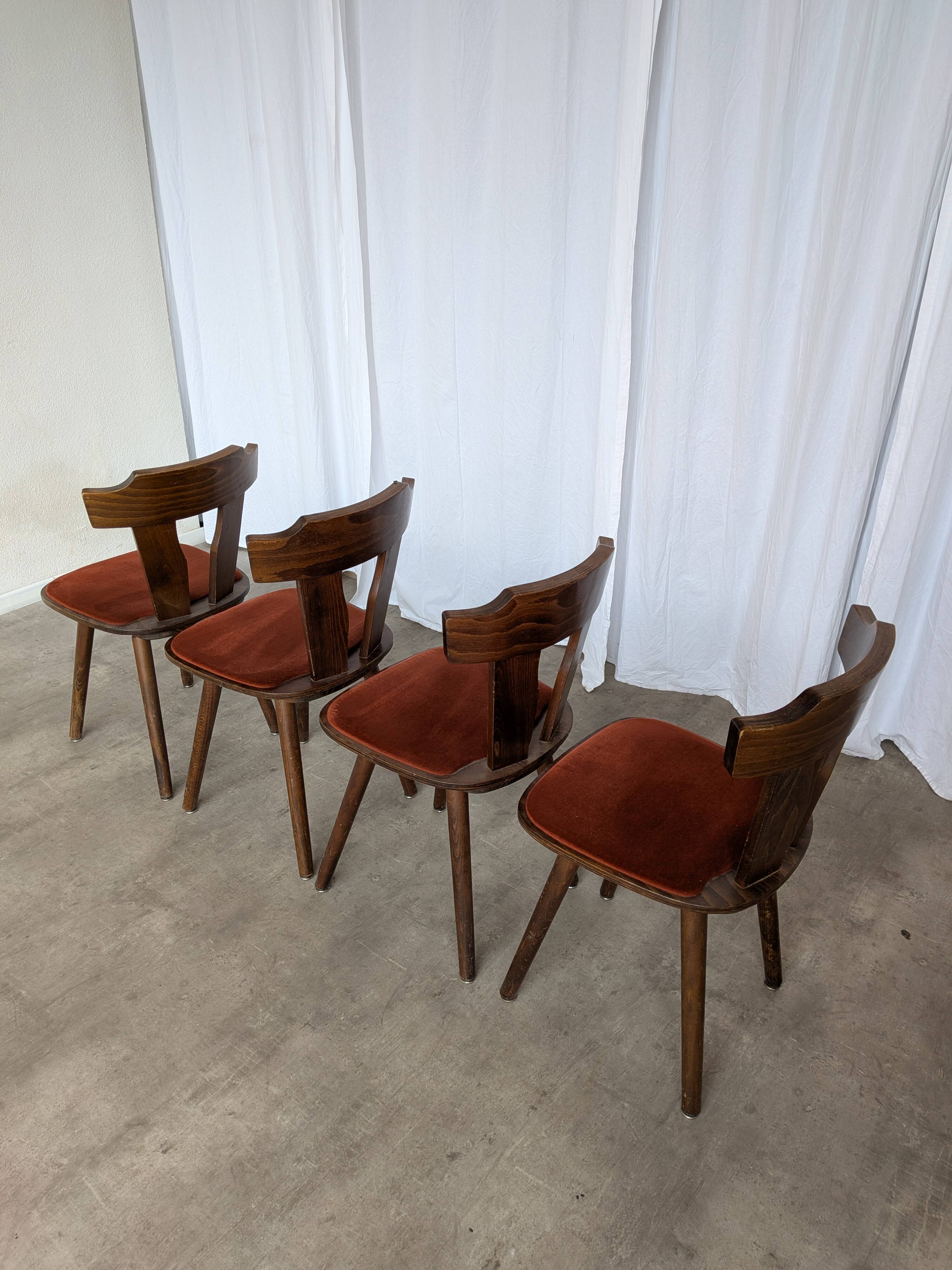 Vintage Tyrolean Dining Chairs: Set of 4, Red Fabric Seat, 1970s