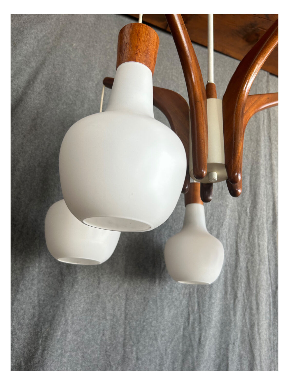 Vintage teak and opaline chandelier