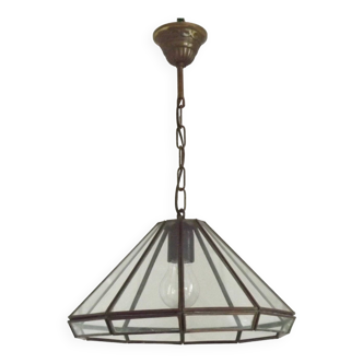 Vintage French Copper & Glass Ceiling Light With 10 Shaped Glass Panels 4677