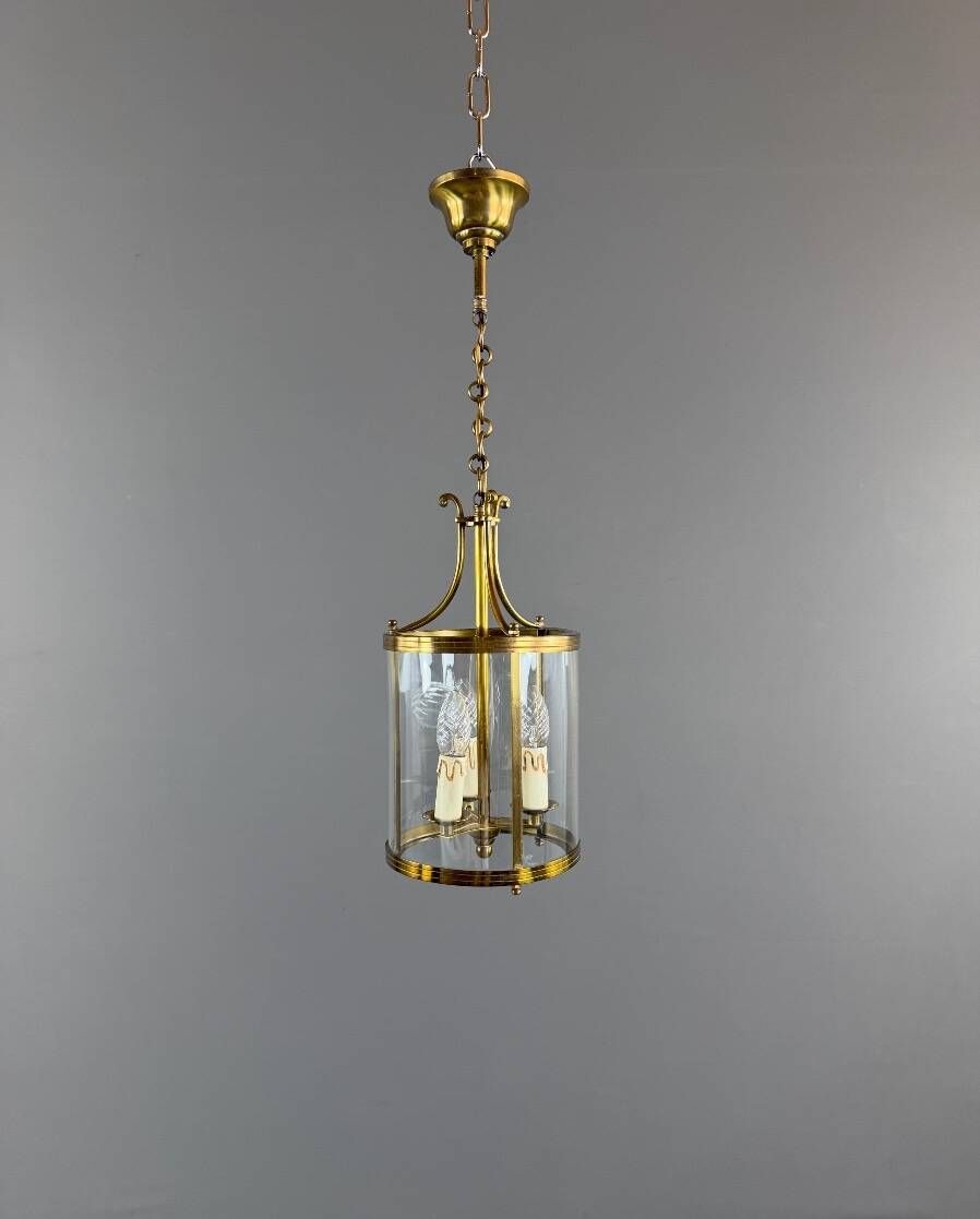 Cylindrical lantern in brass and glass, 20th century