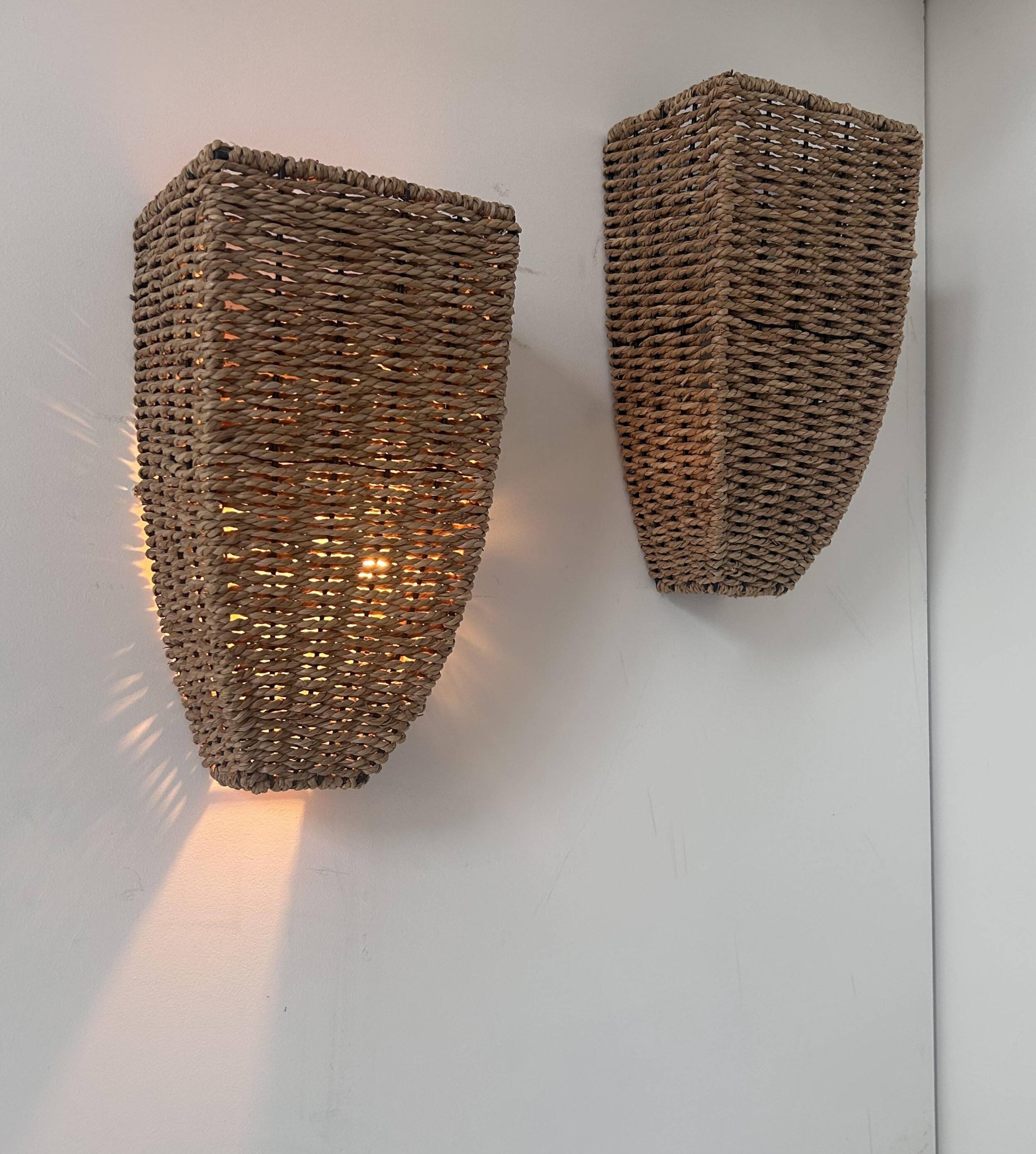Pair of vintage wall lights, woven rattan, France 1980