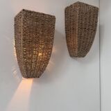 Pair of vintage wall lights, woven rattan, France 1980